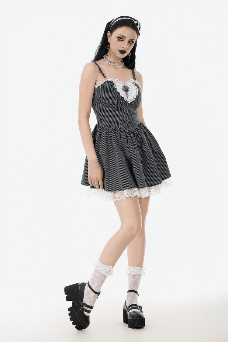 Pinstripe Gothic Dress with Lace Trim and Corset Back - image 12