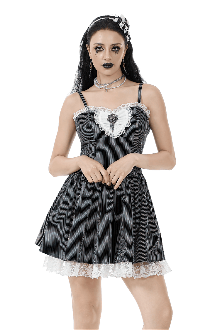 Pinstripe Gothic Dress with Lace Trim and Corset Back - image 1