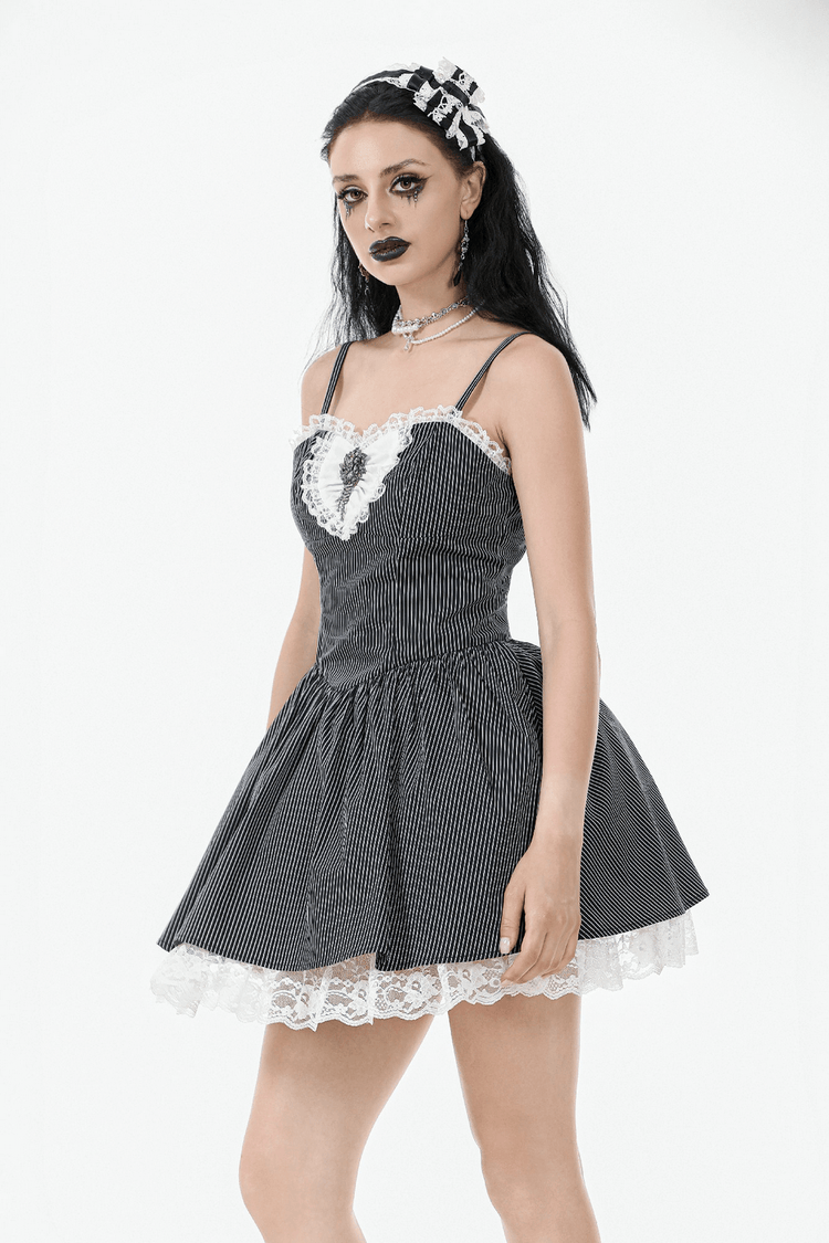Pinstripe Gothic Dress with Lace Trim and Corset Back - image 11