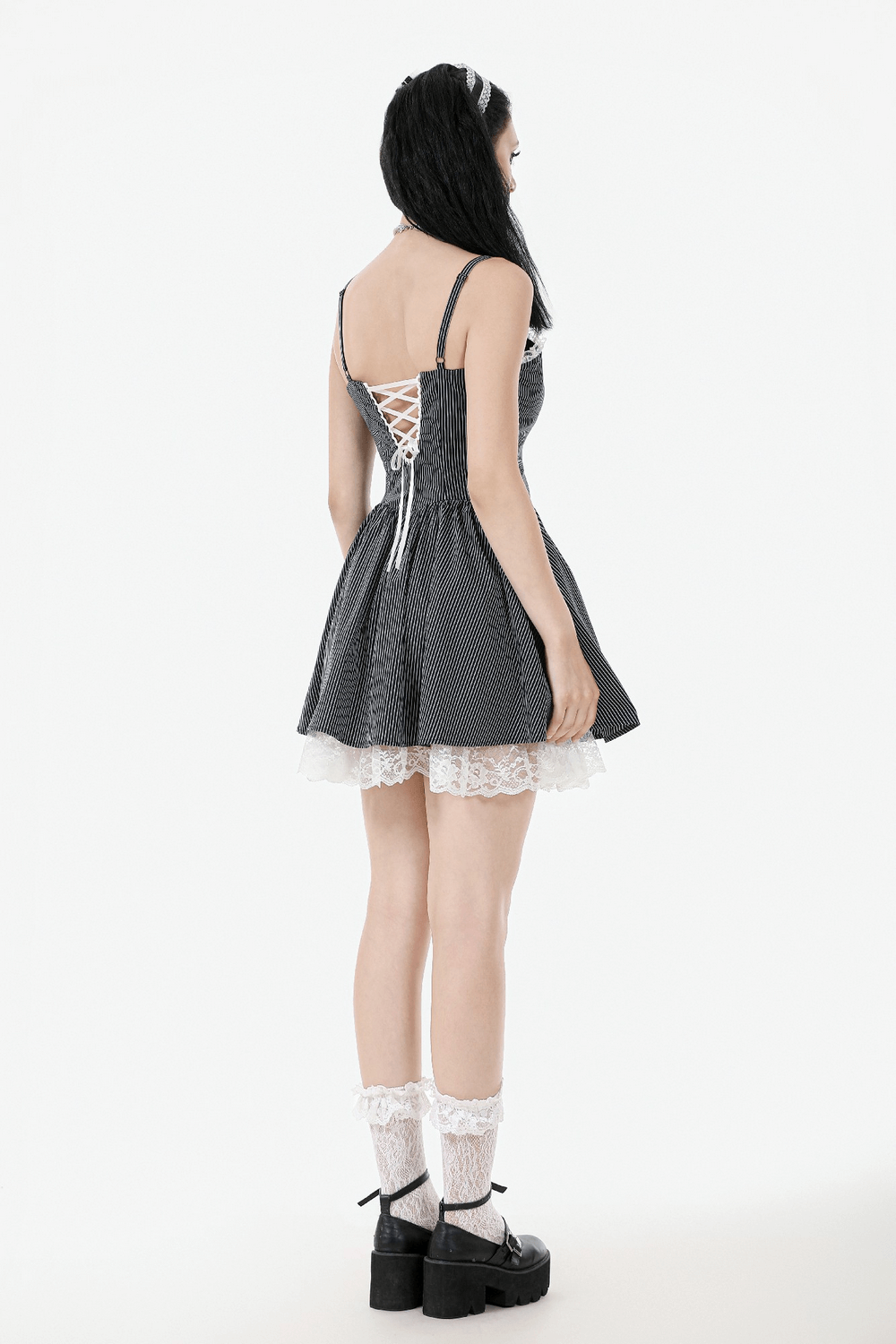 Pinstripe Gothic Dress with Lace Trim and Corset Back - image 15