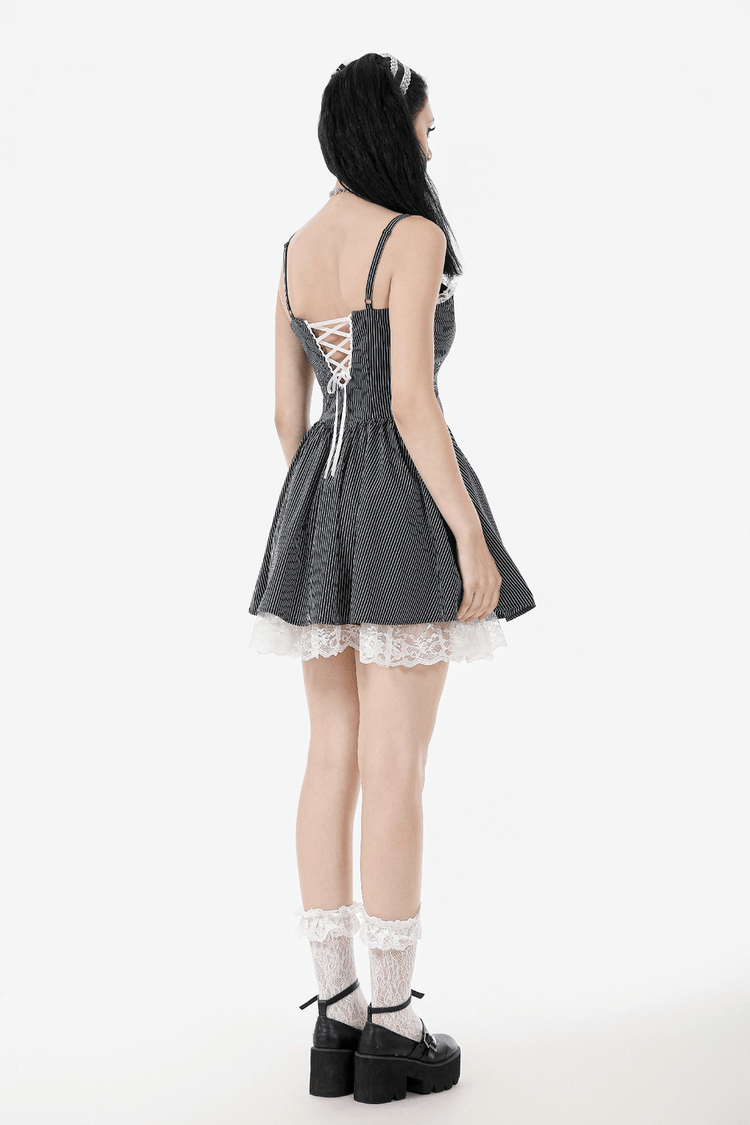 Pinstripe Gothic Dress with Lace Trim and Corset Back - image 15