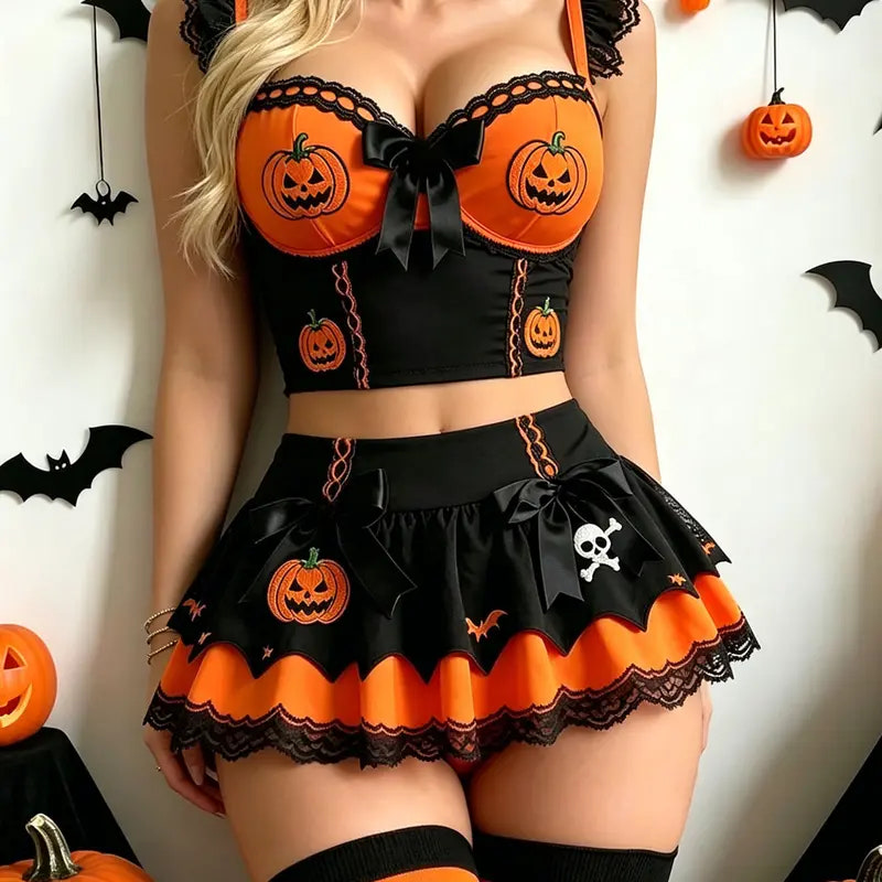 Pumpkin embroidery Halloween lingerie corset and layered skirt set