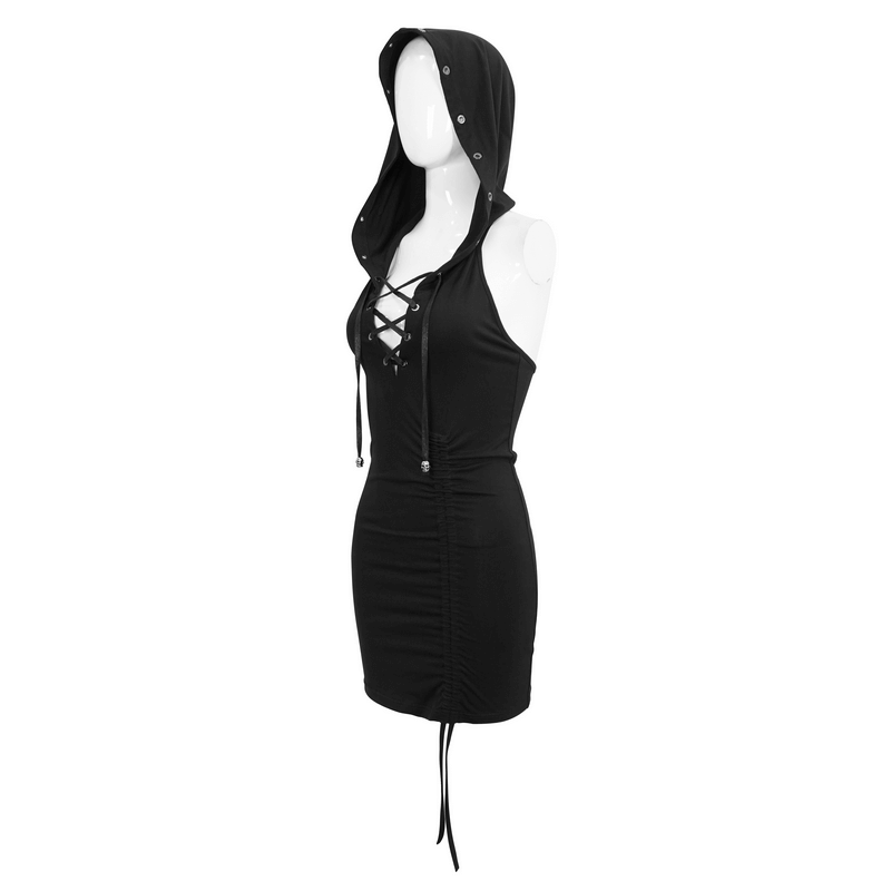 Punk Drawstring Bodycon Dress with OverSized Hood / Gothic Black Short Female Dress - image 4