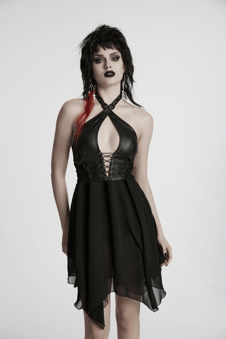 Punk Halter Neck Dress with Lace-Up and Chiffon Hem - image 15