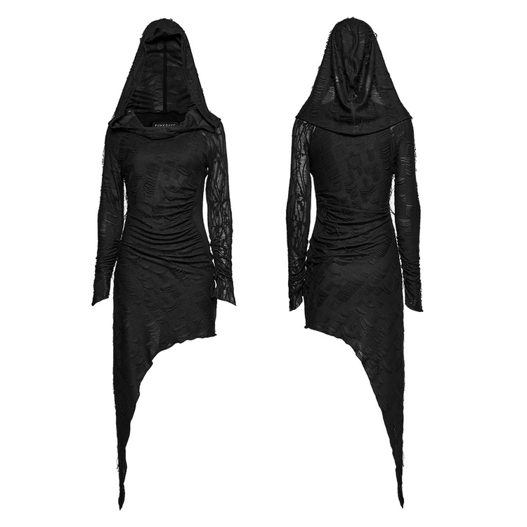 Punk Hooded Dress with Asymmetrical Hem and Textured Mesh - image 3