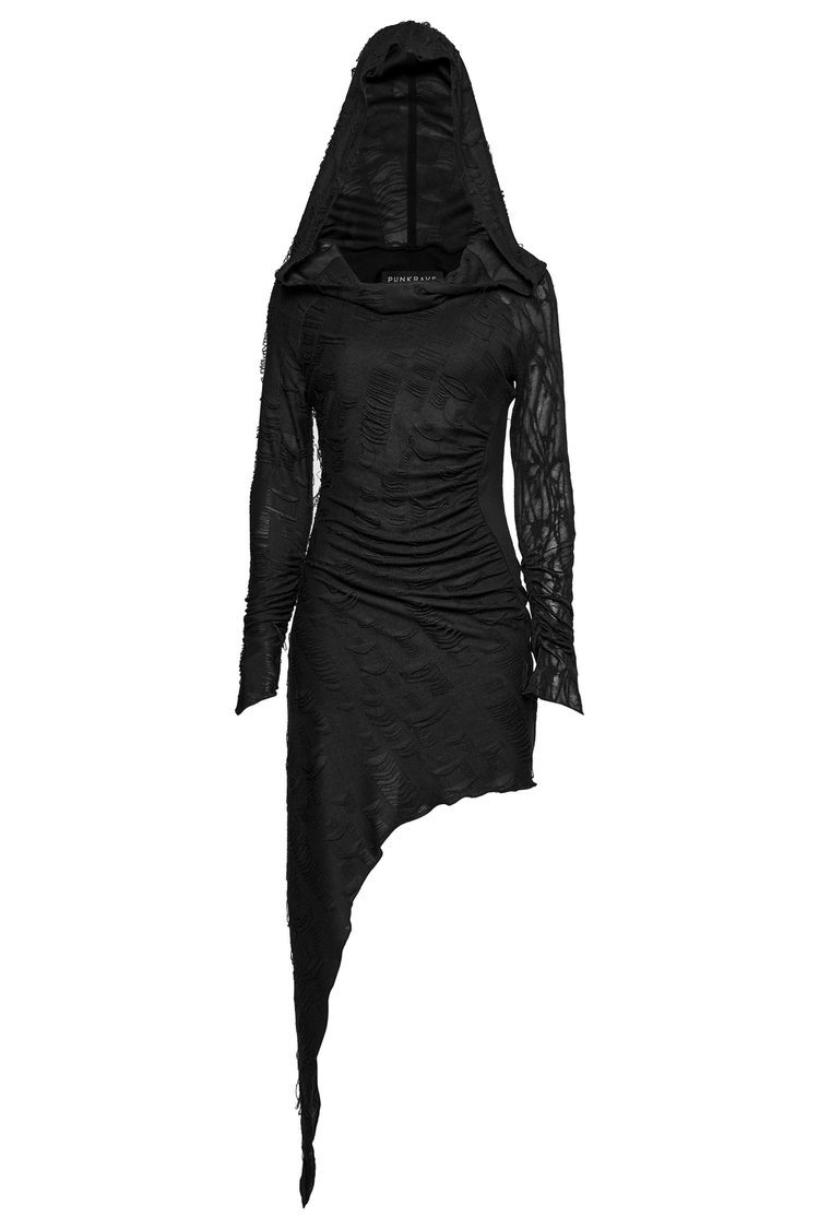 Punk Hooded Dress with Asymmetrical Hem and Textured Mesh - image 6