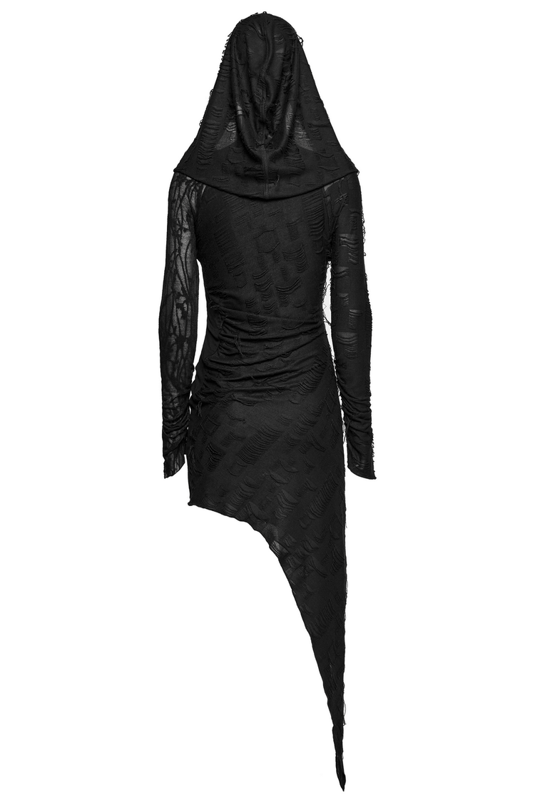 Punk Hooded Dress with Asymmetrical Hem and Textured Mesh - image 4
