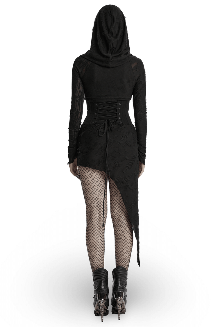 Punk Hooded Dress with Asymmetrical Hem and Textured Mesh - image 2