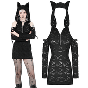 Punk Lace Zip-Up Mini Dress with Hood and Cat Ear - image 3