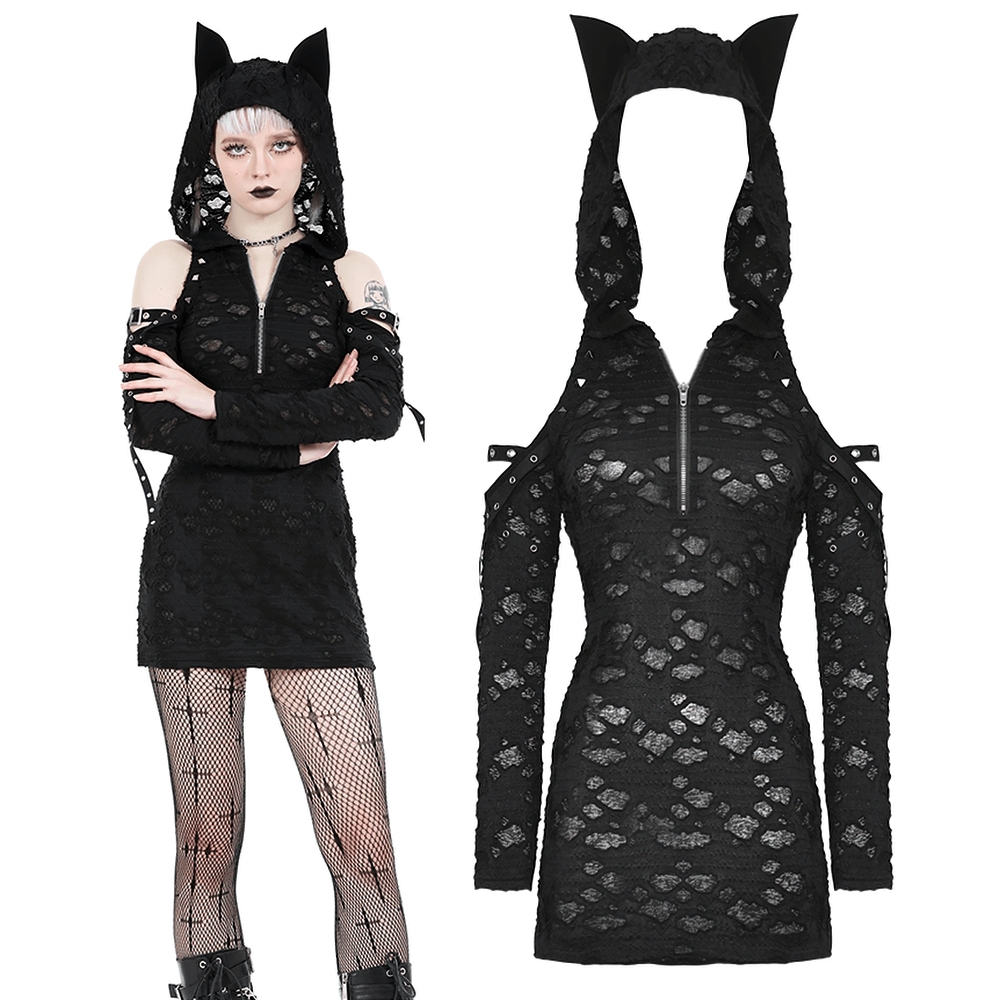Punk Lace Zip-Up Mini Dress with Hood and Cat Ear - image 3