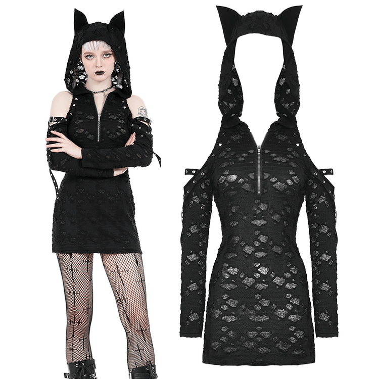 Punk Lace Zip-Up Mini Dress with Hood and Cat Ear - image 3