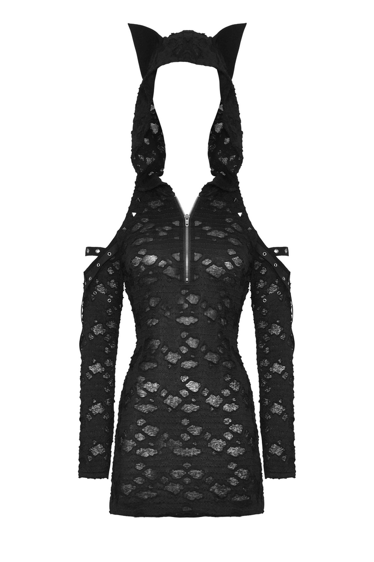 Punk Lace Zip-Up Mini Dress with Hood and Cat Ear - image 4