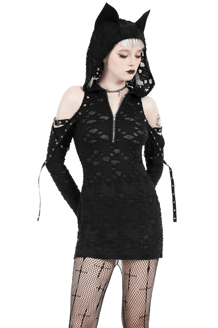 Punk Lace Zip-Up Mini Dress with Hood and Cat Ear - image 1