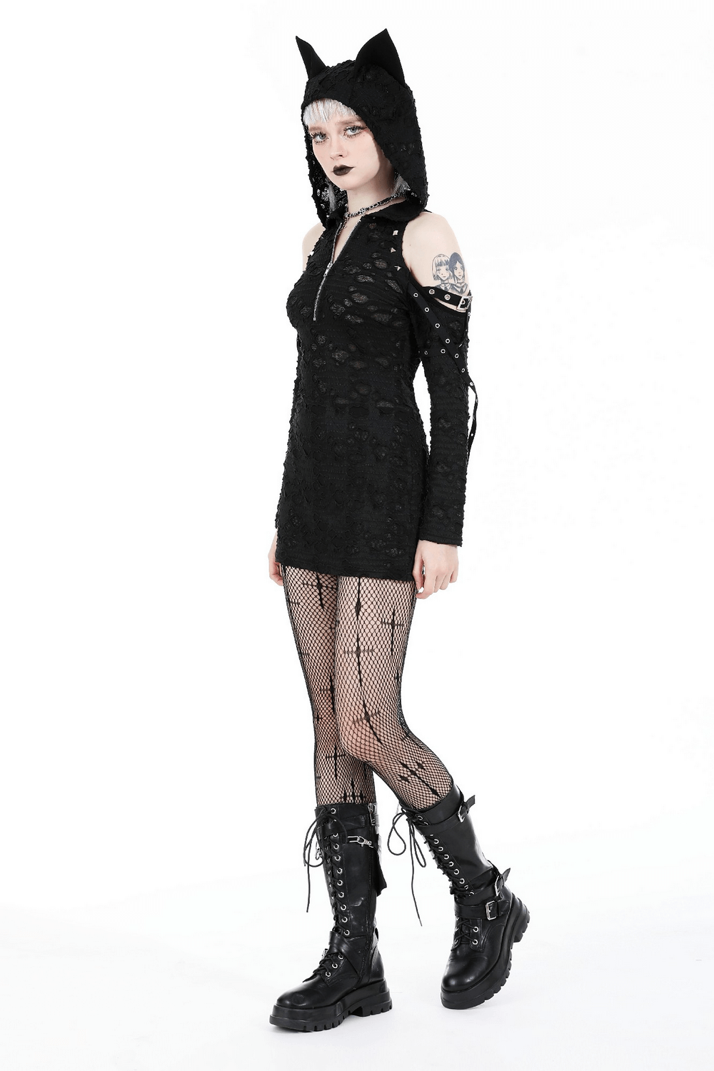 Punk Lace Zip-Up Mini Dress with Hood and Cat Ear - image 14