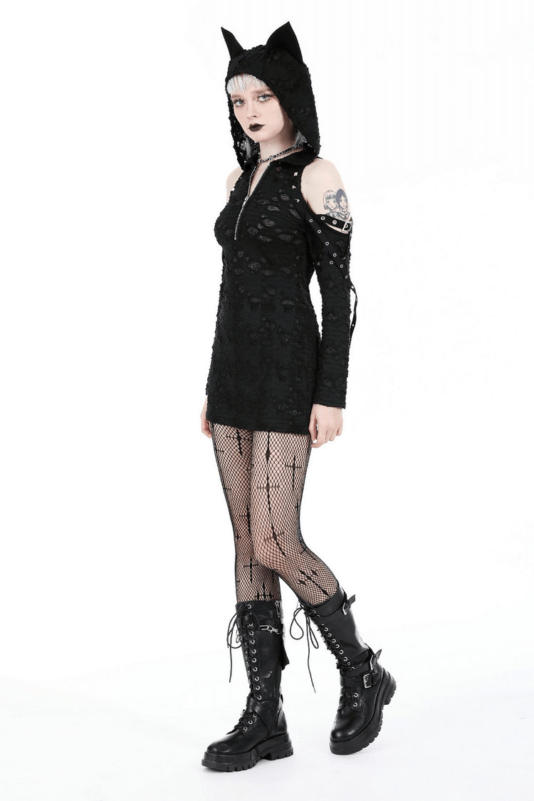 Punk Lace Zip-Up Mini Dress with Hood and Cat Ear - image 14