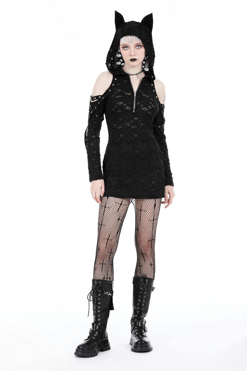Punk Lace Zip-Up Mini Dress with Hood and Cat Ear - image 15