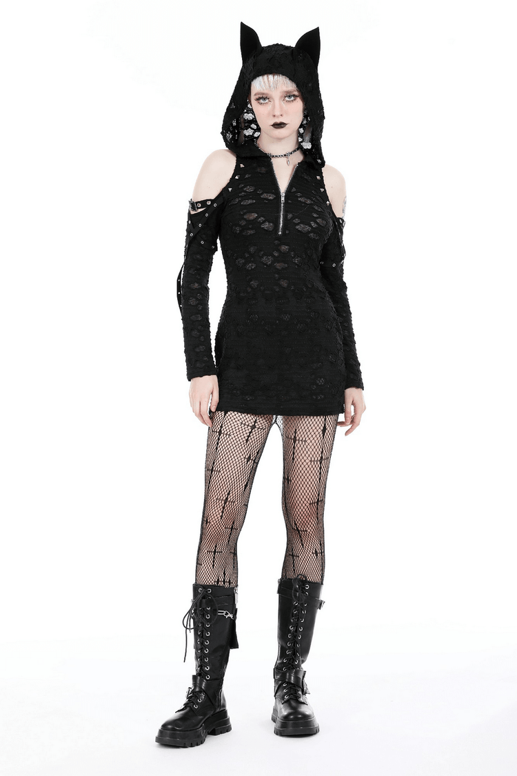 Punk Lace Zip-Up Mini Dress with Hood and Cat Ear - image 15
