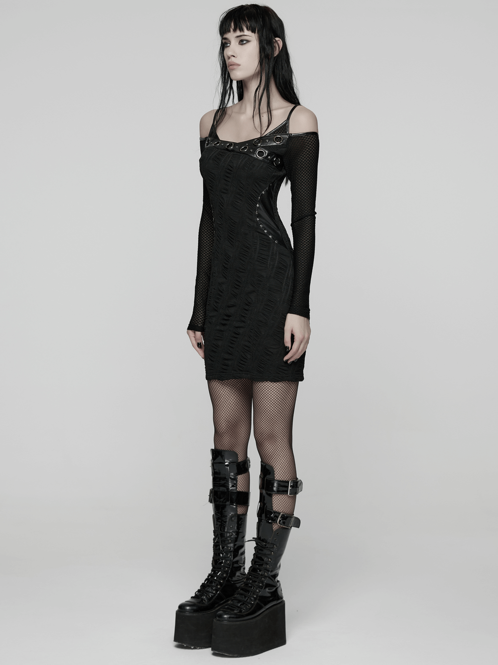 Punk Off-the-Shoulder Bodycon Dress with Metal Eyelets - image 12