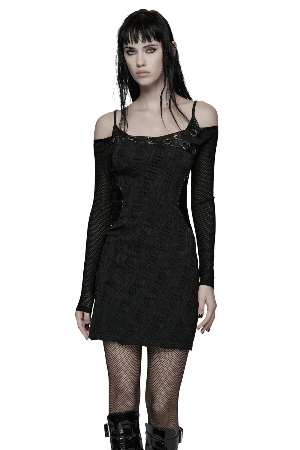 Punk Off-the-Shoulder Bodycon Dress with Metal Eyelets - image 1