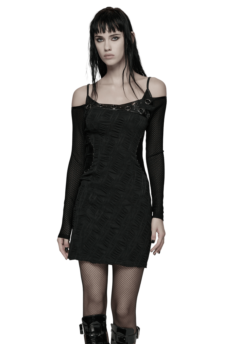 Punk Off-the-Shoulder Bodycon Dress with Metal Eyelets - image 1