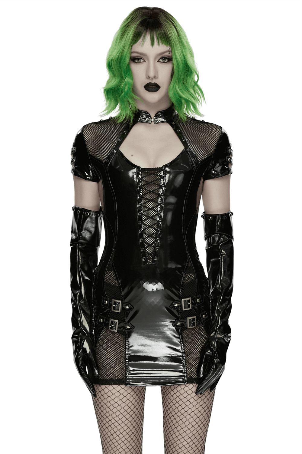 Punk Patent Leather Dress with Mesh Panels and Buckles - image 1
