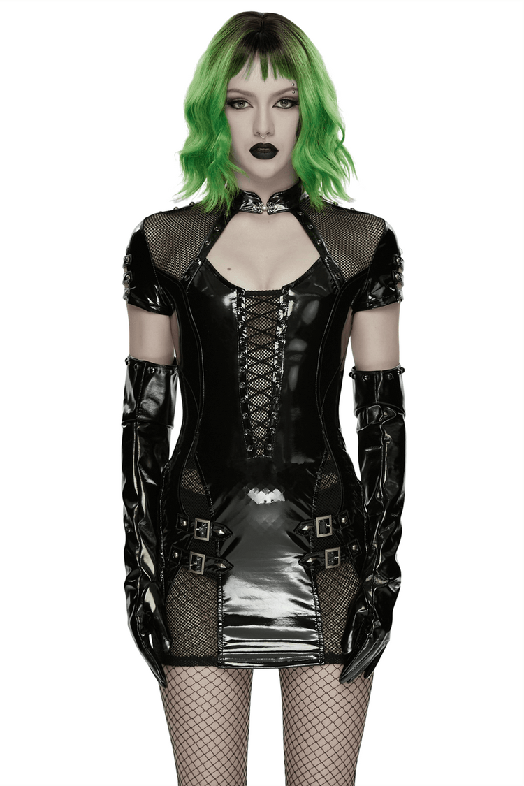 Punk Patent Leather Dress with Mesh Panels and Buckles - image 1
