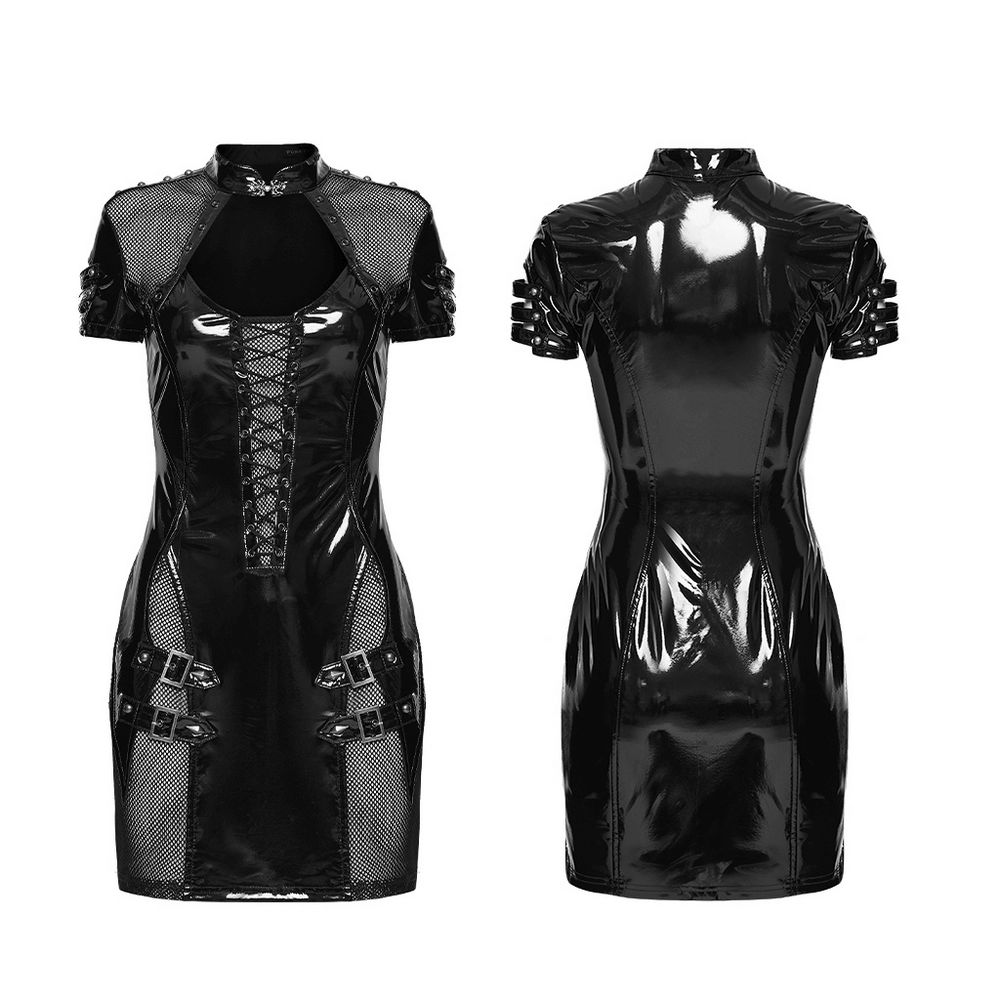 Punk Patent Leather Dress with Mesh Panels and Buckles - image 3