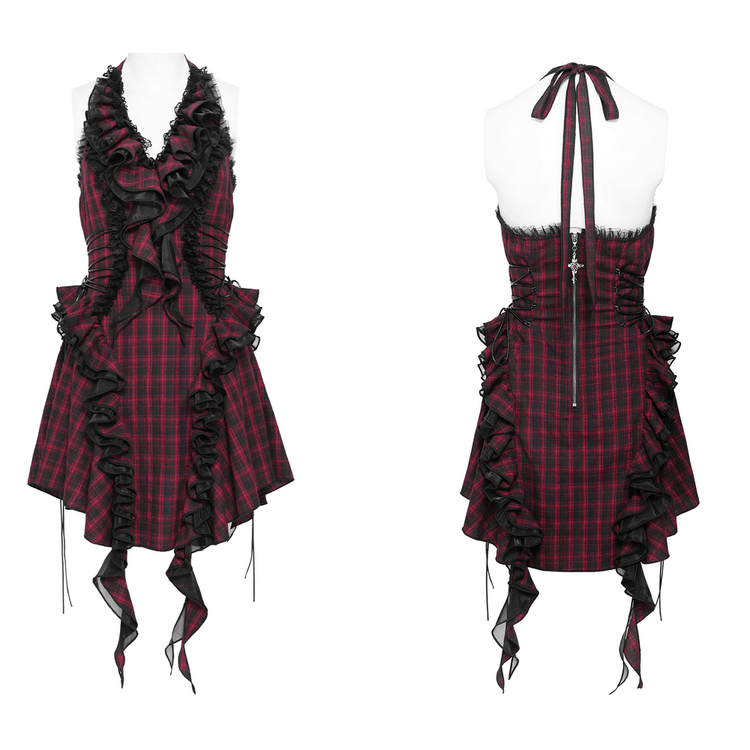 Punk Plaid Lace-Up Ruffle Asymmetrical Mini Dress - image 3