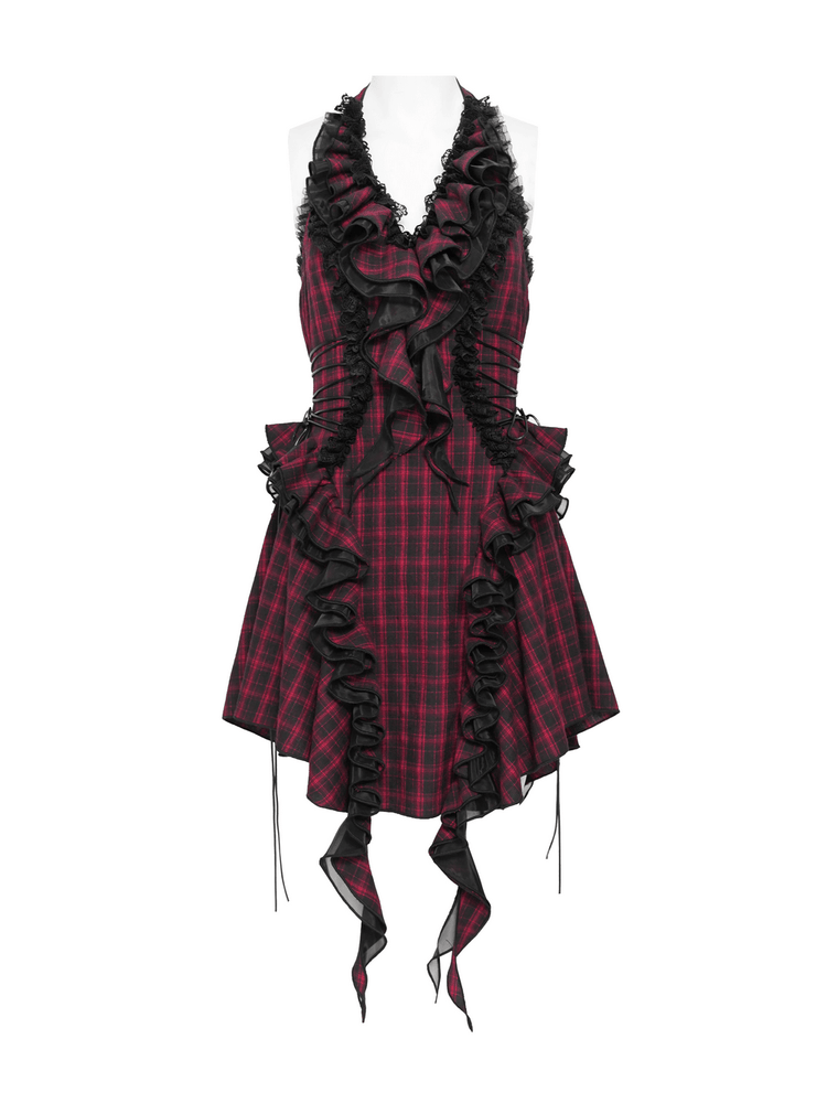 Punk Plaid Lace-Up Ruffle Asymmetrical Mini Dress - image 4