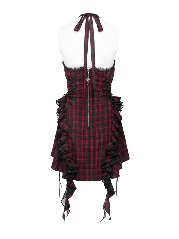 Punk Plaid Lace-Up Ruffle Asymmetrical Mini Dress - image 6