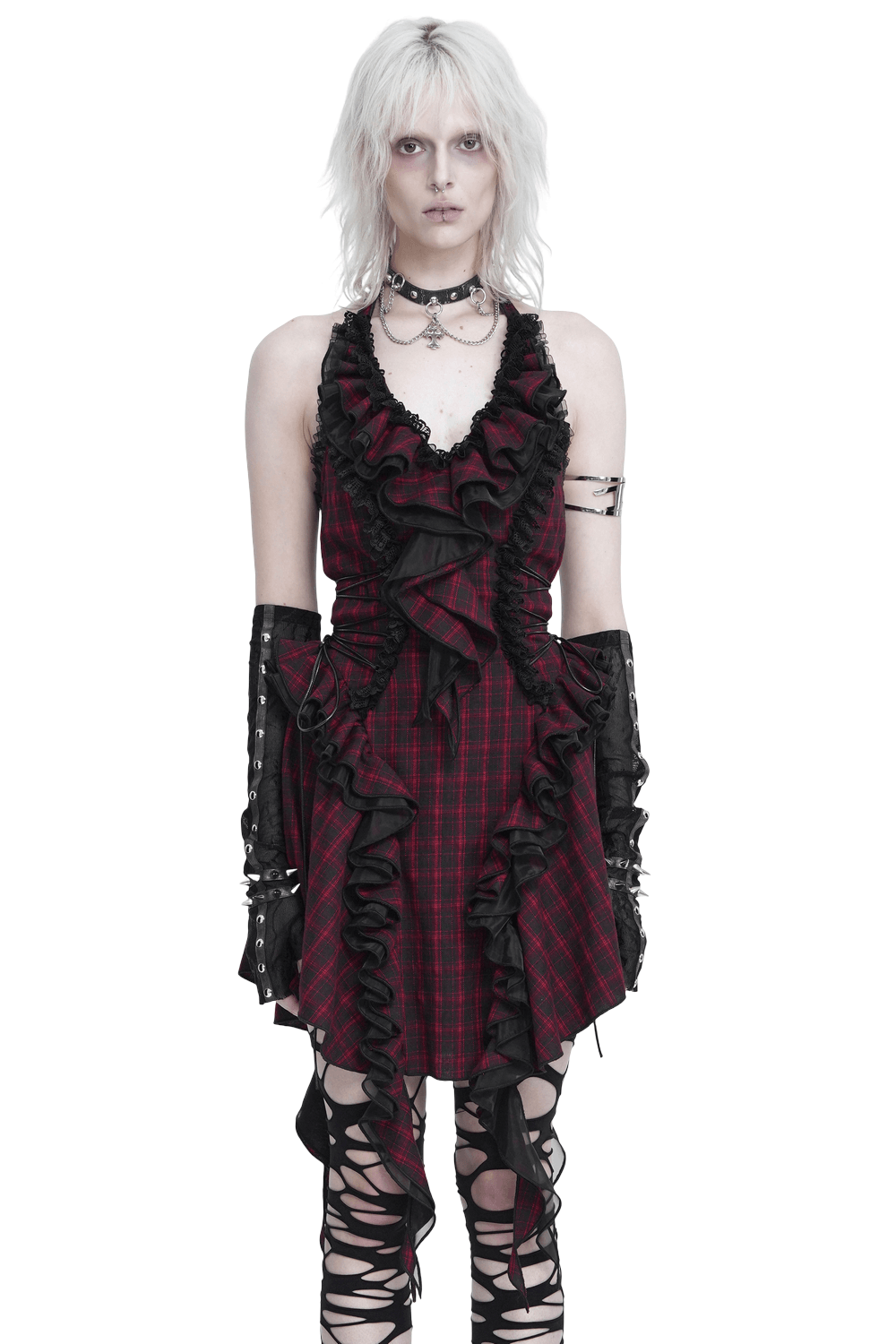 Punk Plaid Lace-Up Ruffle Asymmetrical Mini Dress - image 1
