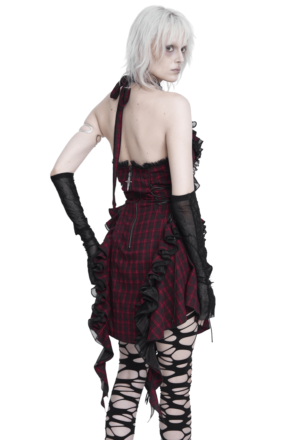 Punk Plaid Lace-Up Ruffle Asymmetrical Mini Dress - image 2