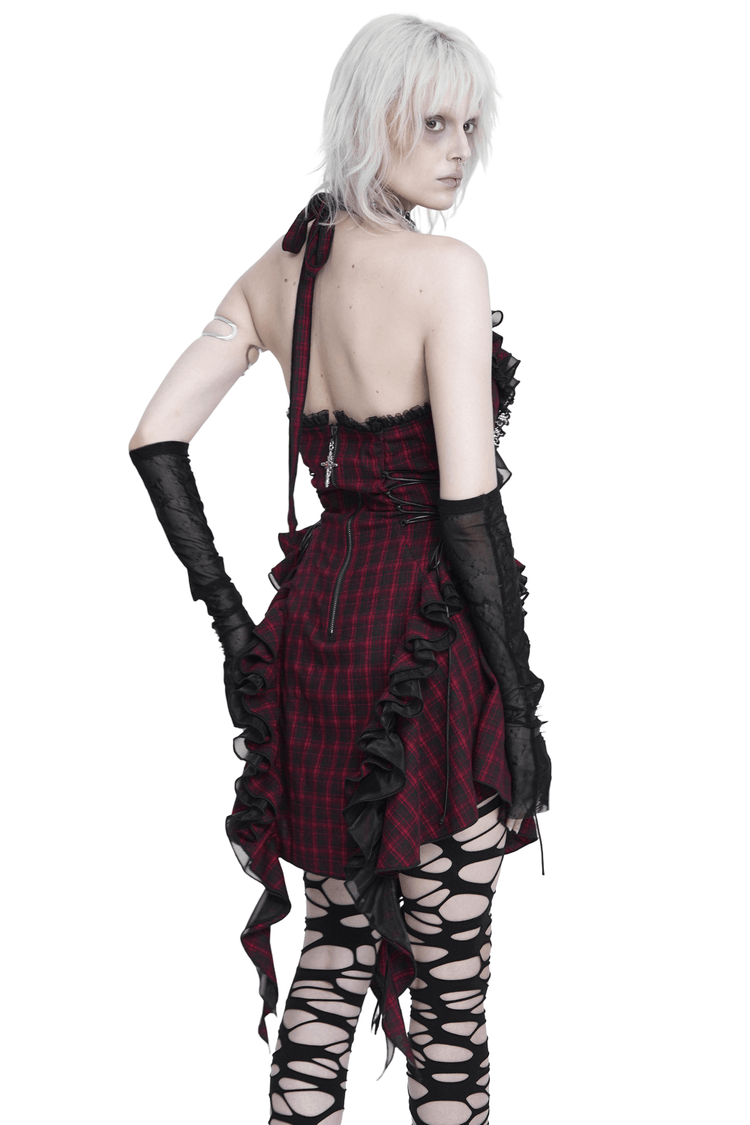 Punk Plaid Lace-Up Ruffle Asymmetrical Mini Dress - image 2