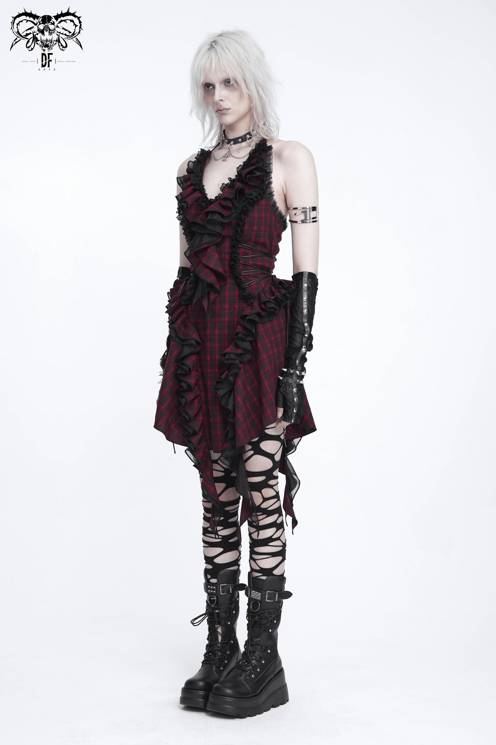 Punk Plaid Lace-Up Ruffle Asymmetrical Mini Dress - image 17