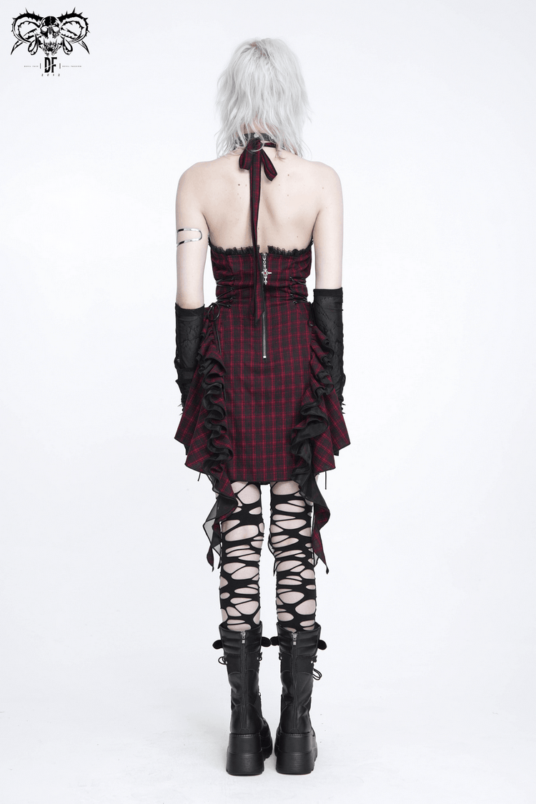 Punk Plaid Lace-Up Ruffle Asymmetrical Mini Dress - image 18