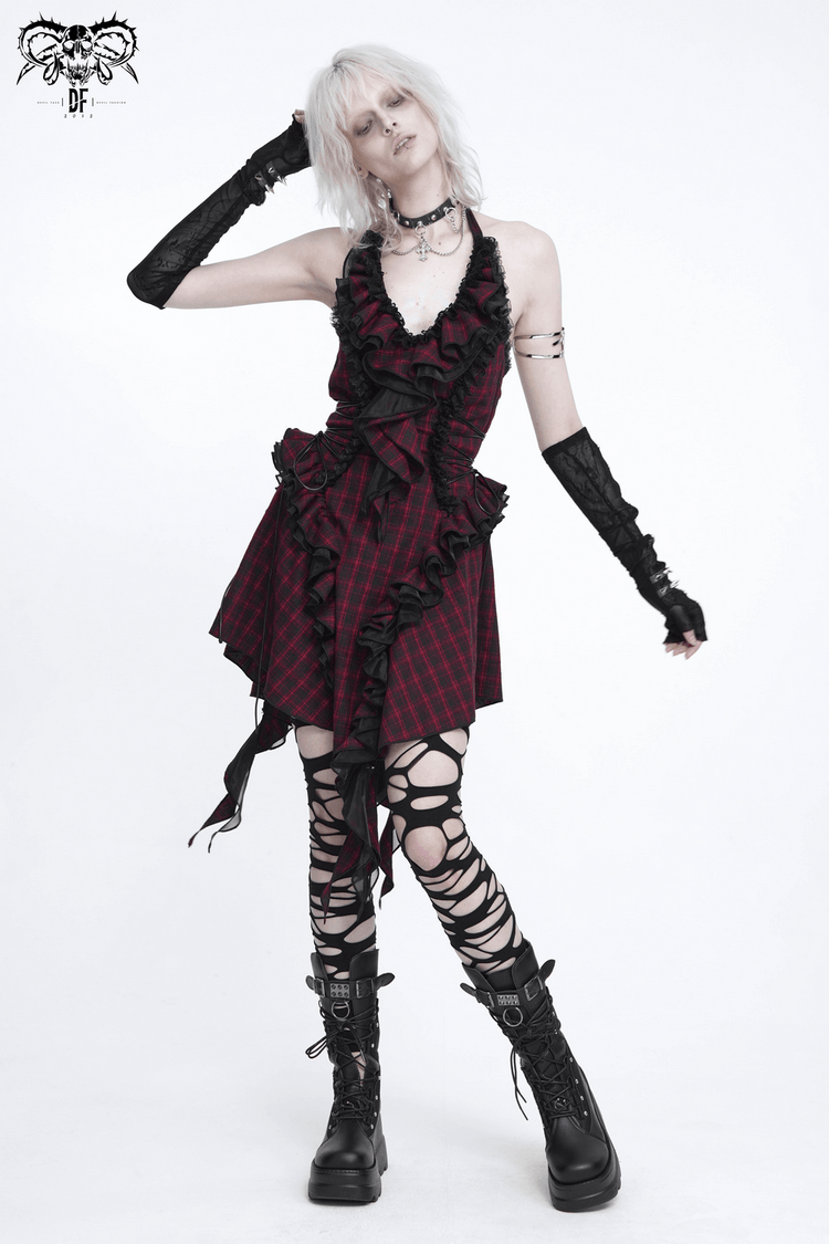 Punk Plaid Lace-Up Ruffle Asymmetrical Mini Dress - image 19