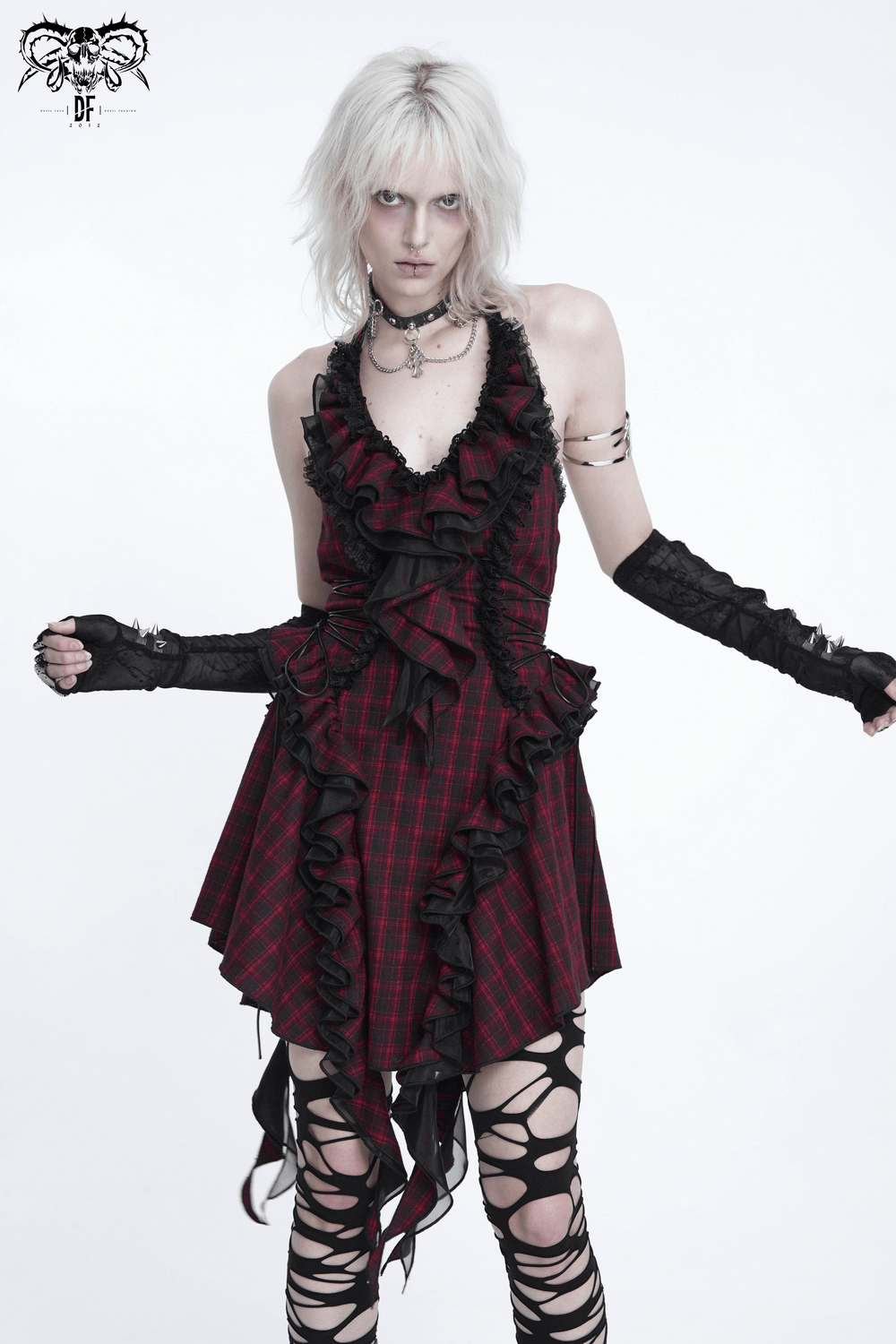 Punk Plaid Lace-Up Ruffle Asymmetrical Mini Dress - image 15