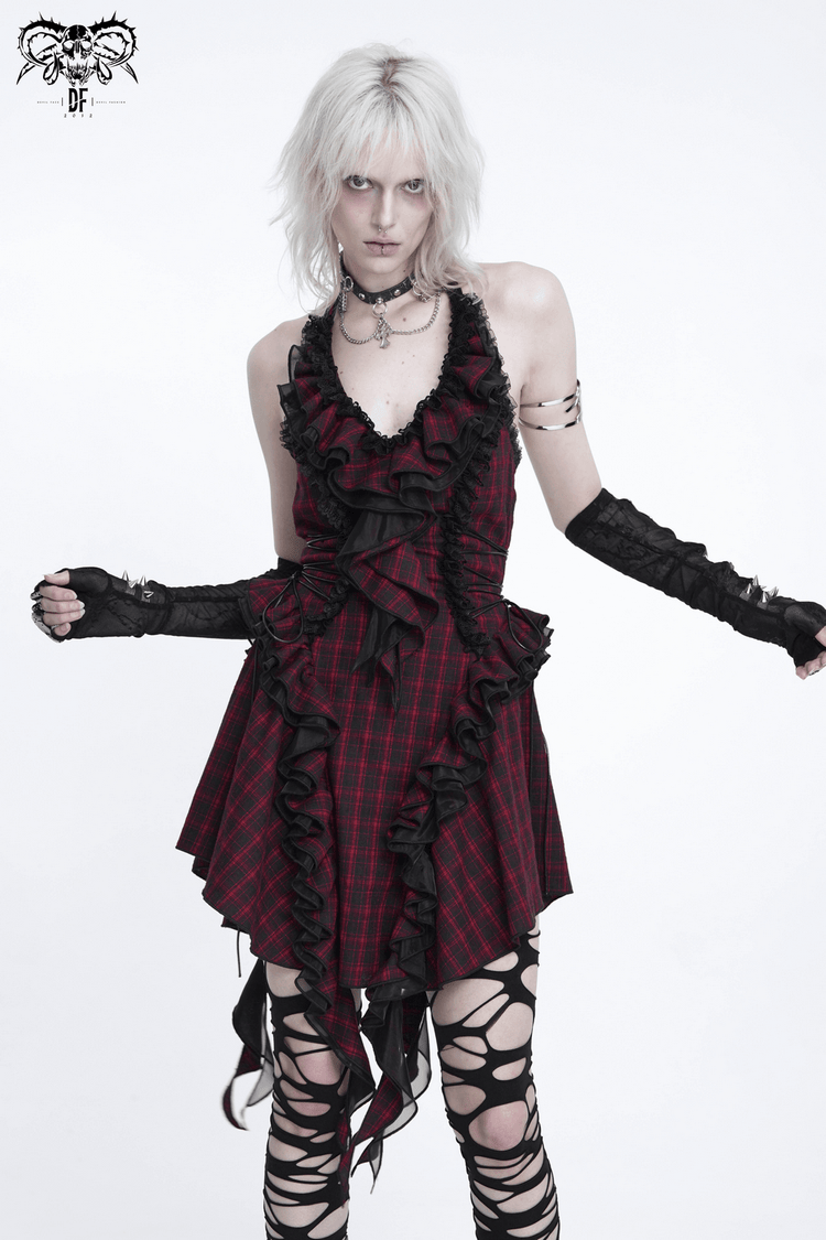 Punk Plaid Lace-Up Ruffle Asymmetrical Mini Dress - image 15