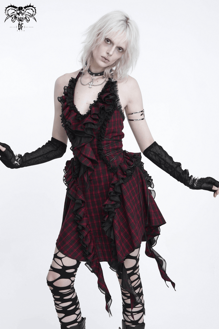 Punk Plaid Lace-Up Ruffle Asymmetrical Mini Dress - image 14