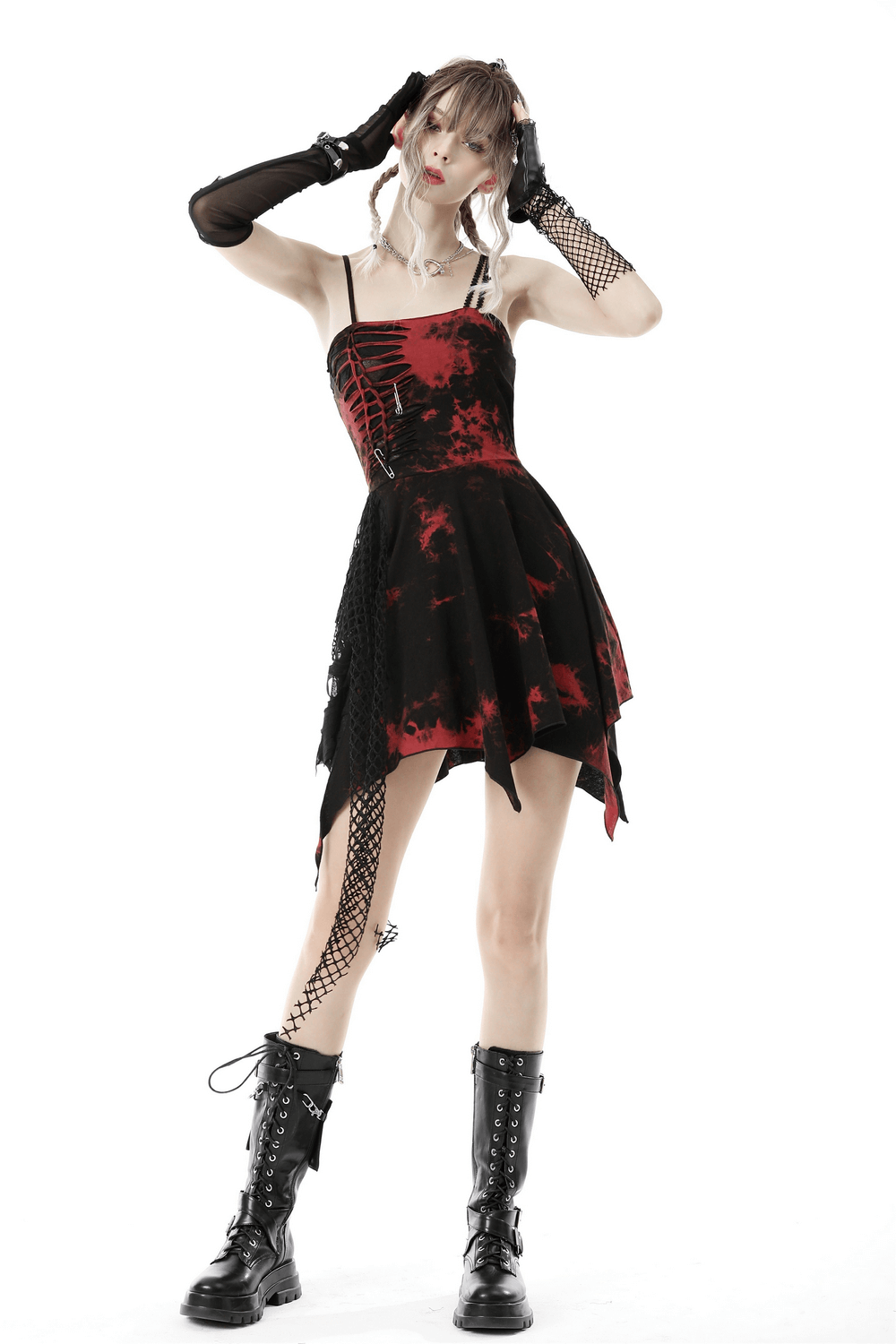 Punk Rock Red and Black Strap Asymmetrical Dress - image 12