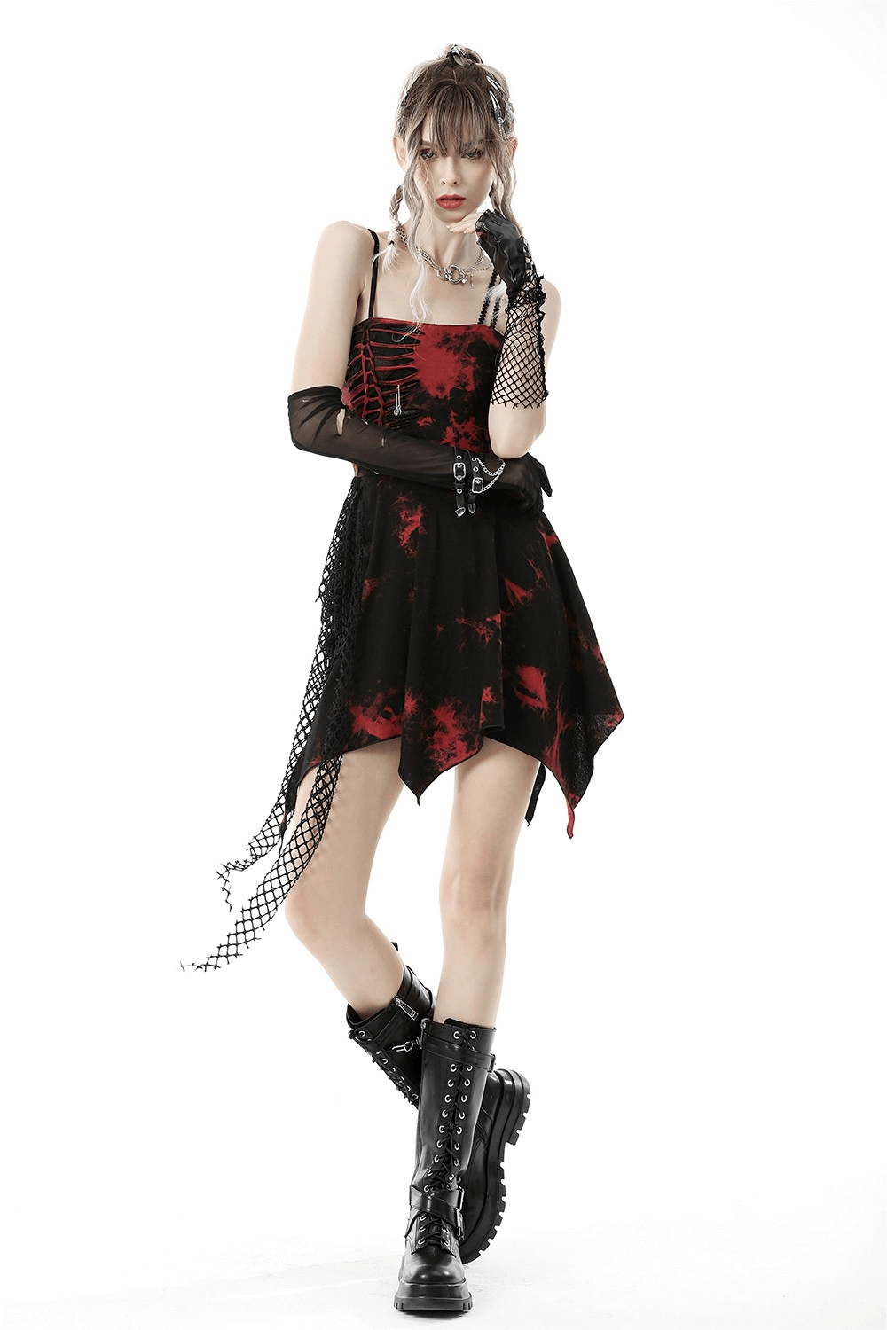 Punk Rock Red and Black Strap Asymmetrical Dress - image 13