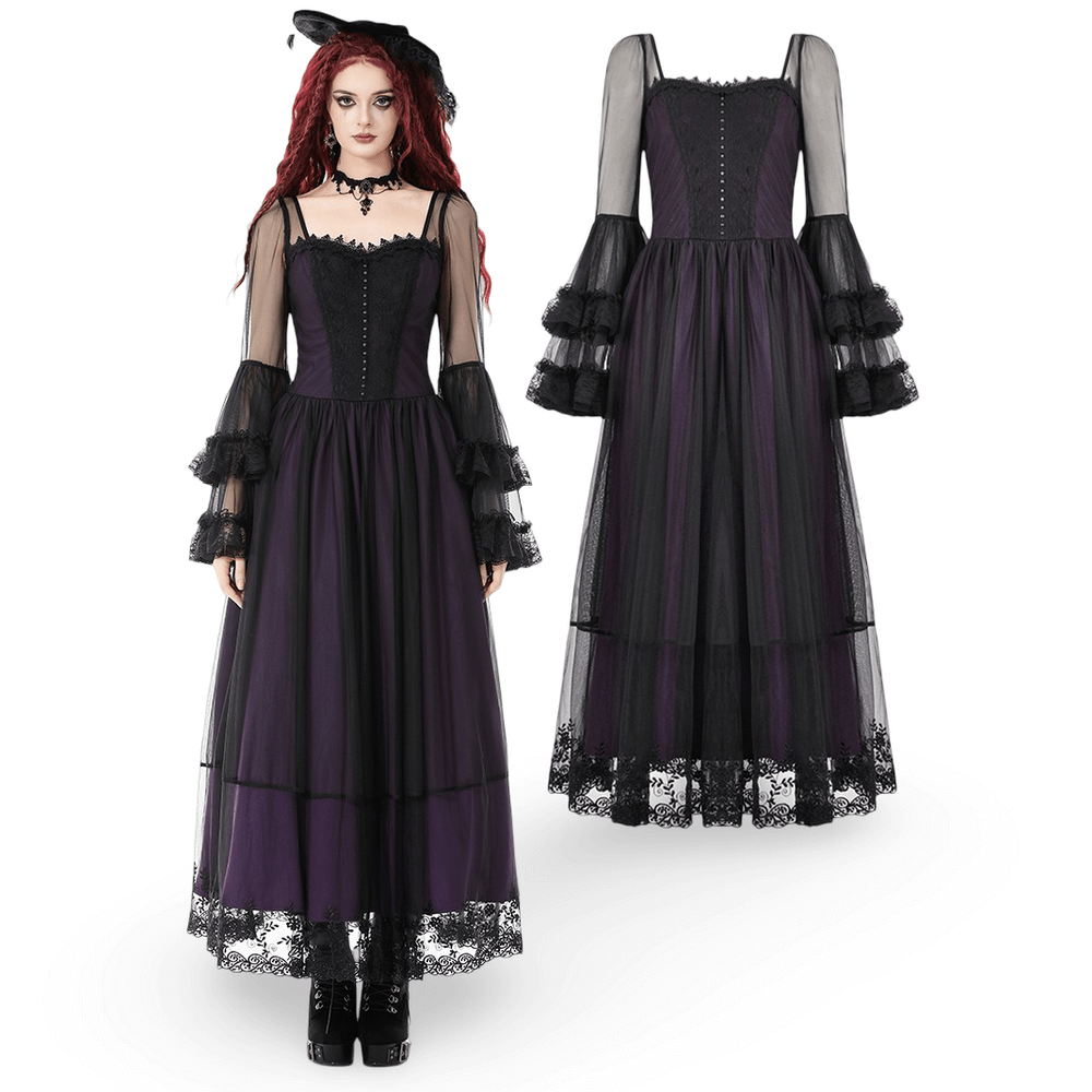 Purple and Black Gothic Mesh Dress with Lace Sleeves - image 3