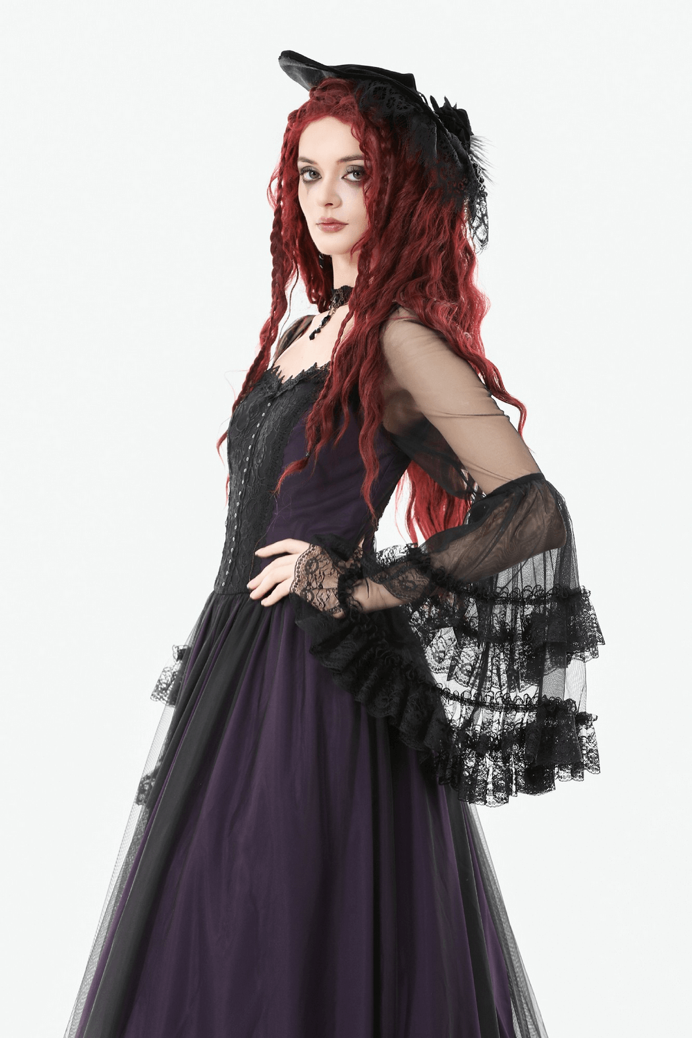 Purple and Black Gothic Mesh Dress with Lace Sleeves - image 12