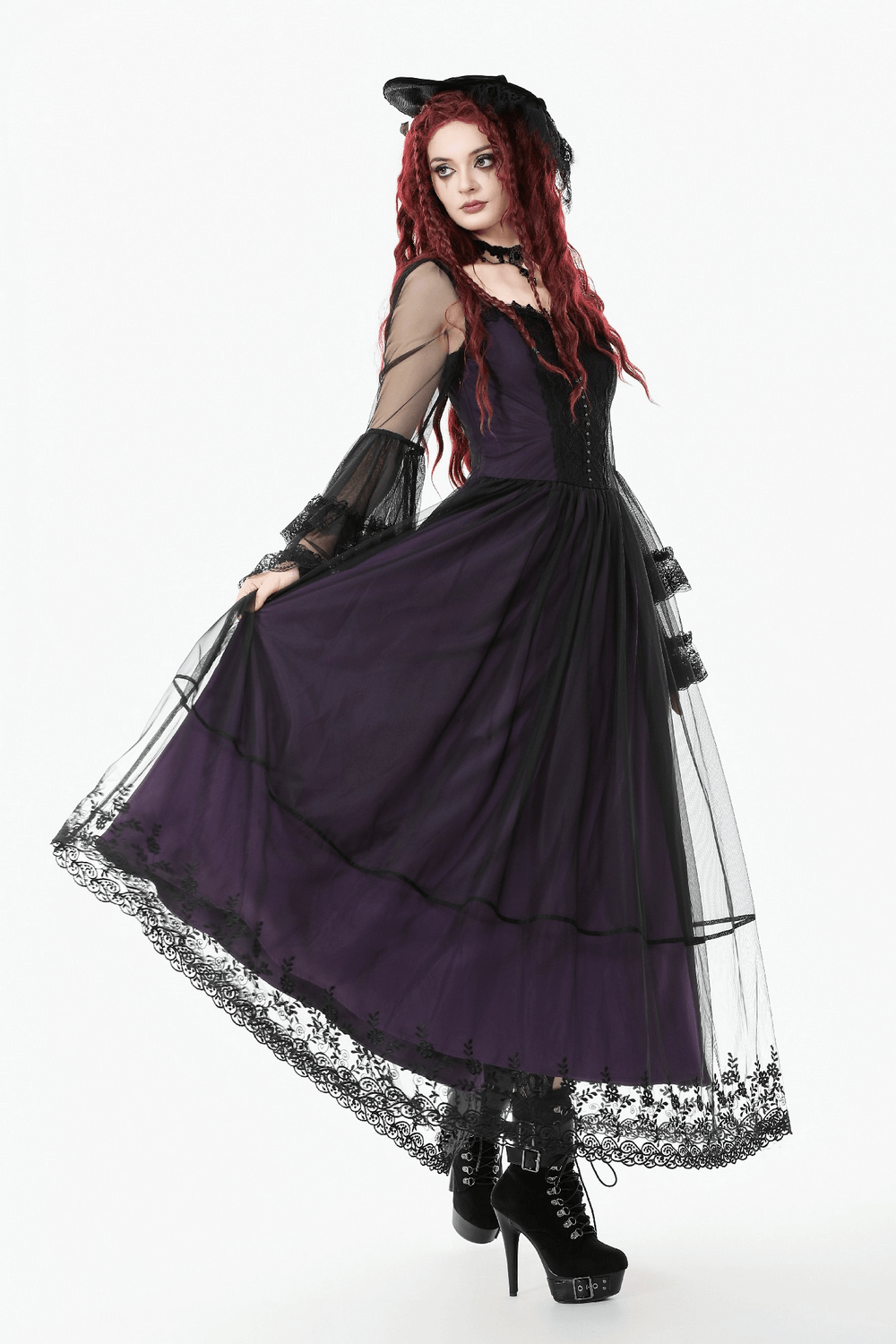 Purple and Black Gothic Mesh Dress with Lace Sleeves - image 17