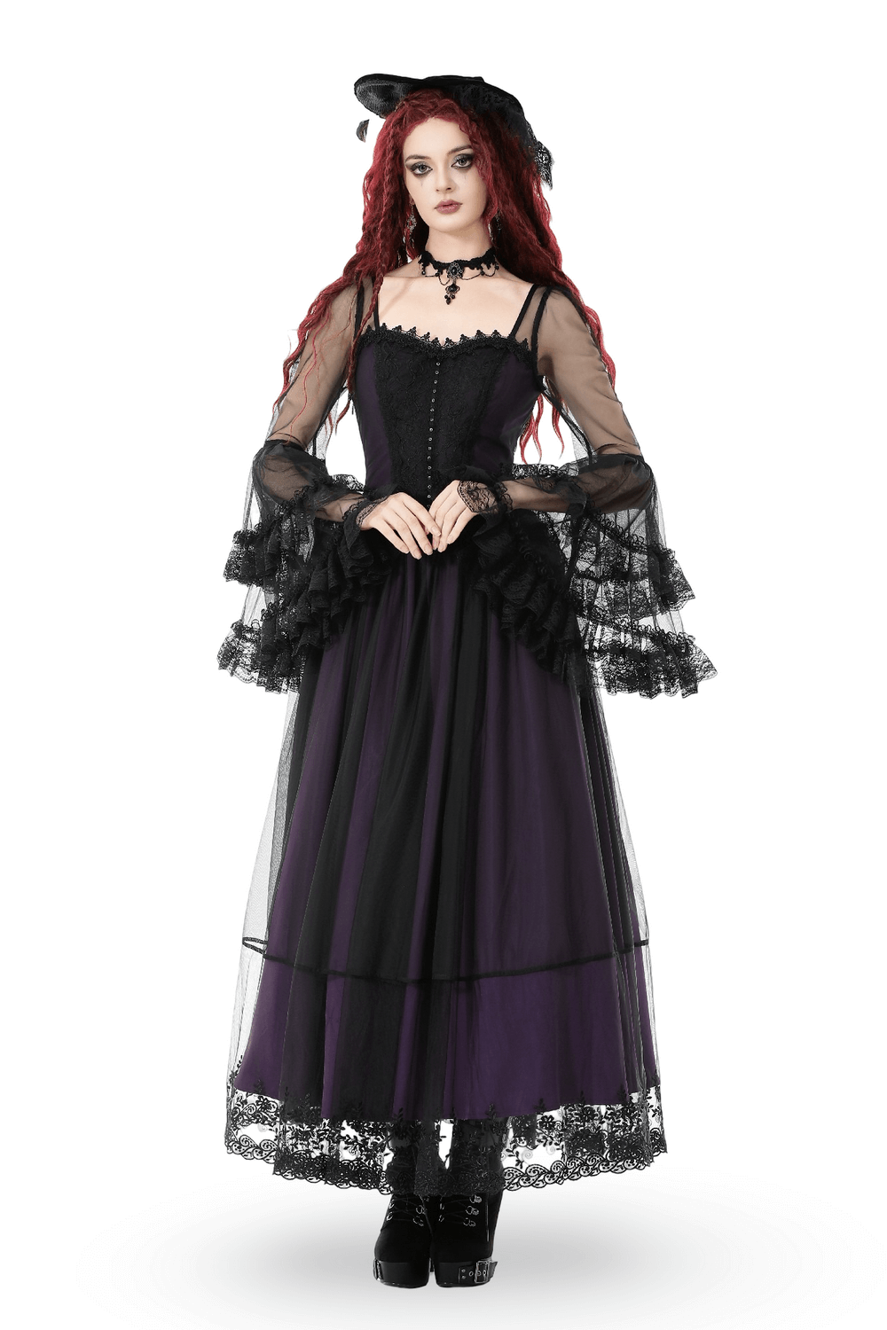 Purple and Black Gothic Mesh Dress with Lace Sleeves - image 1