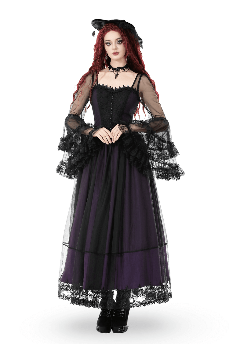 Purple and Black Gothic Mesh Dress with Lace Sleeves - image 1