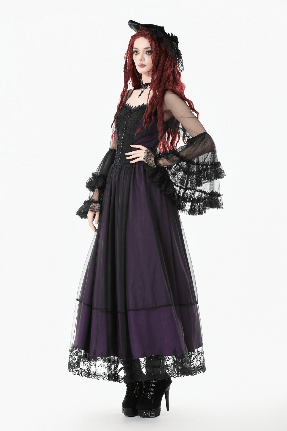 Purple and Black Gothic Mesh Dress with Lace Sleeves - image 14