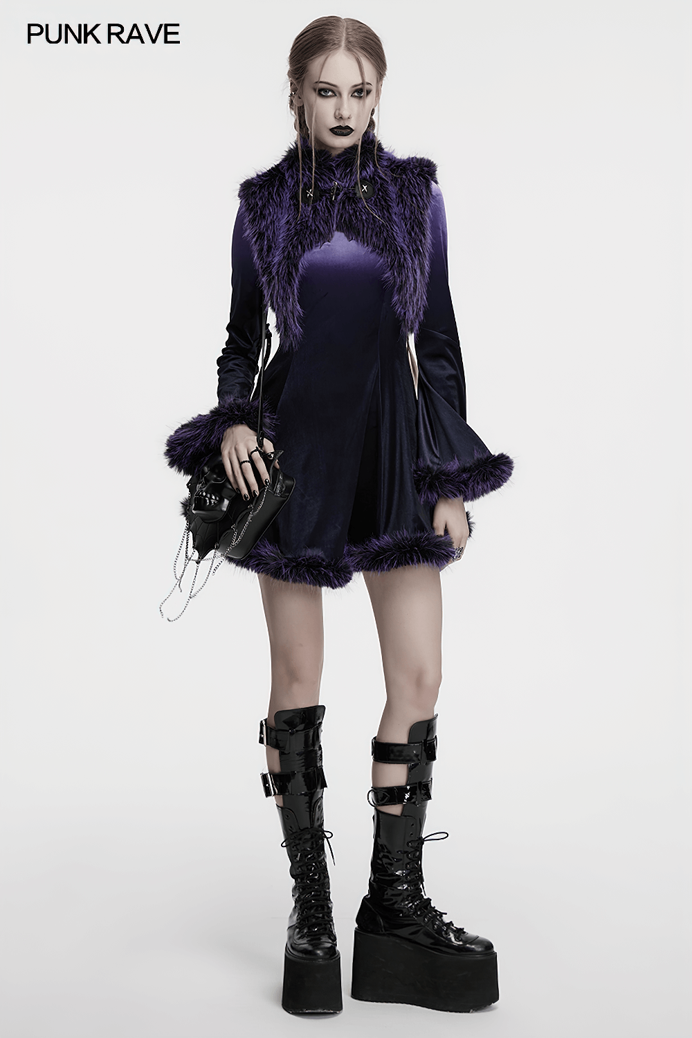 Purple Gothic Velvet Dress with Gradient Fur Trim - image 9
