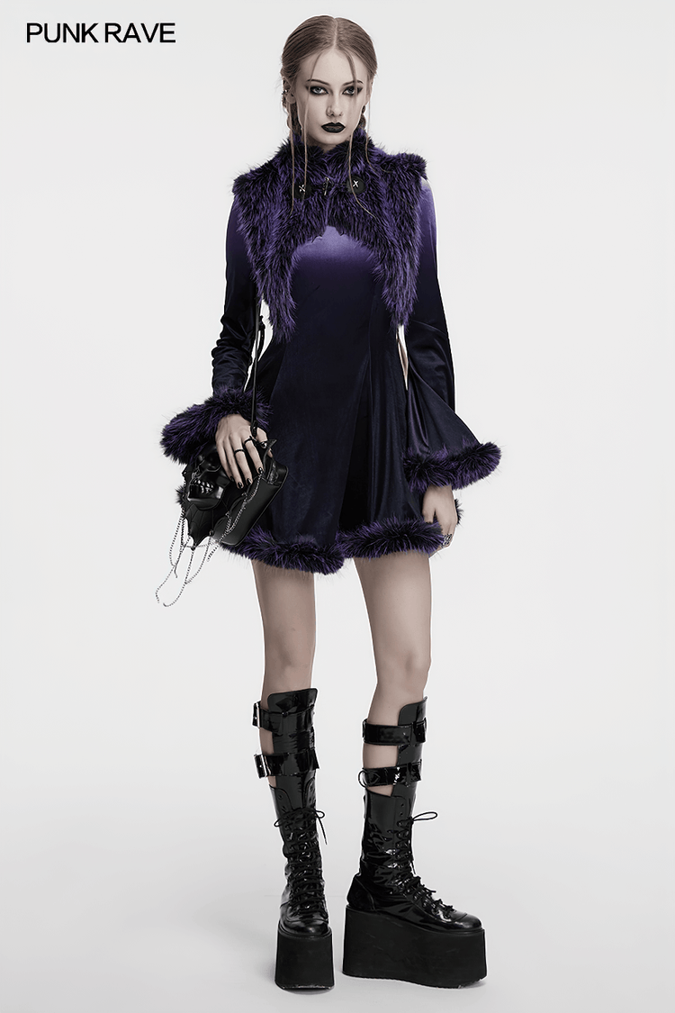 Purple Gothic Velvet Dress with Gradient Fur Trim - image 9