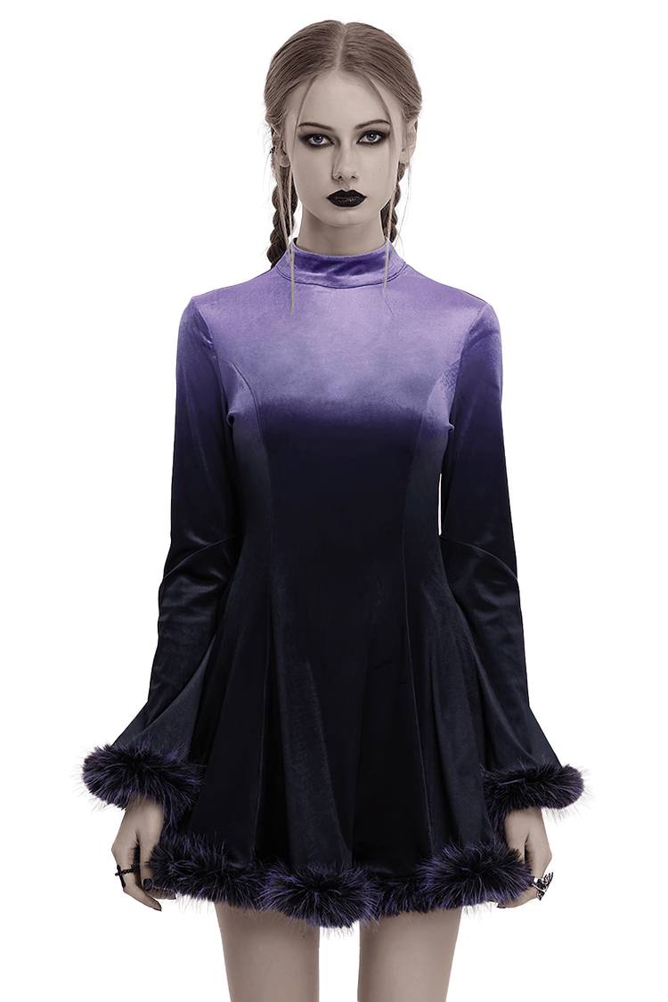 Purple Gothic Velvet Dress with Gradient Fur Trim - image 1